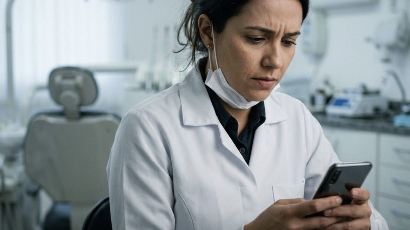 Dentista de uns trinta anos, de jaleco branco, sentada no consultório entre um atendimento e outro, olhando o celular com a testa franzida, com a cadeira odontológica e o refletor desfocados ao fundo