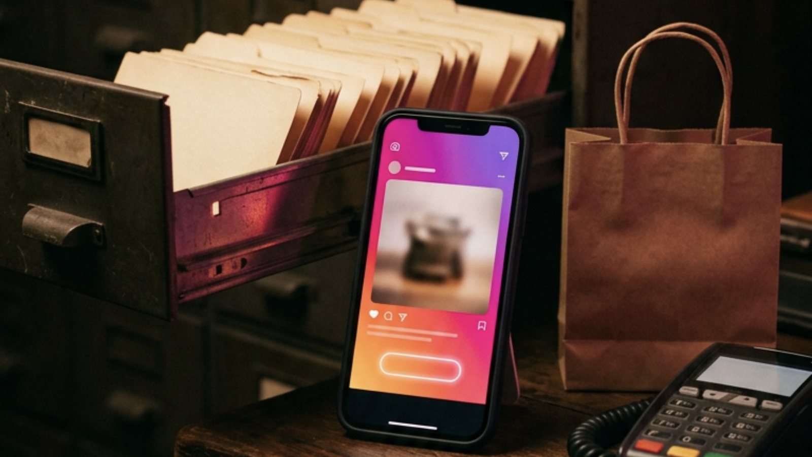 Celular apoiado no balcão de madeira de uma pequena loja, com um post de produto desfocado na tela iluminada em magenta, laranja e roxo, diante de uma parede de gaveteiros de metal com uma gaveta aberta e fichas em branco, ao lado de uma sacola de papel e de uma maquininha de cartão