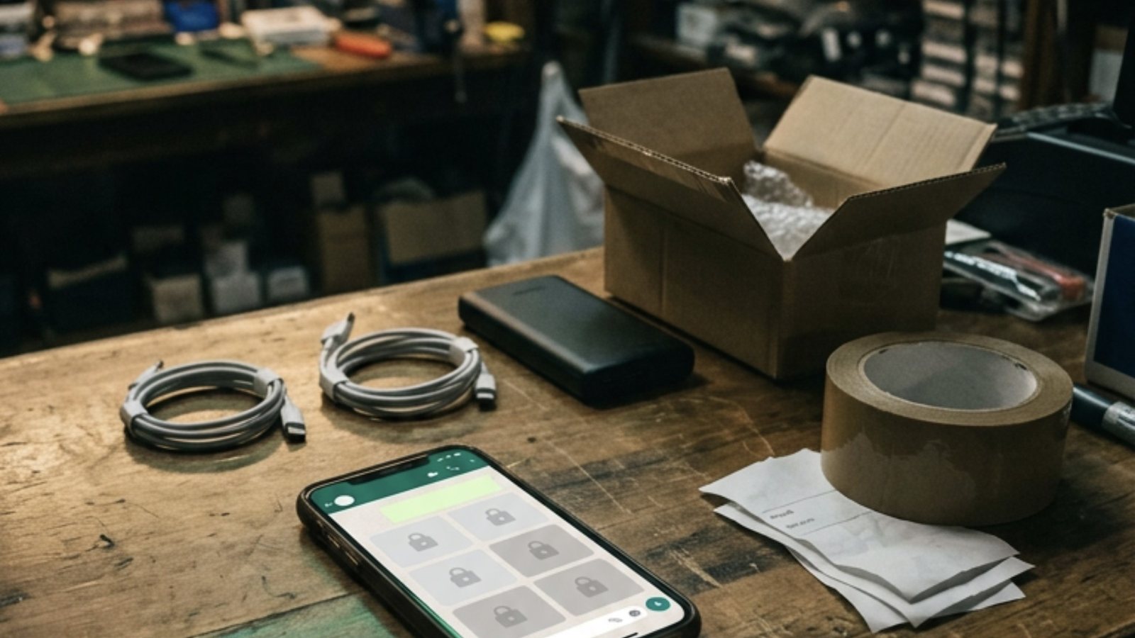 Balcão de uma pequena loja de eletrônicos com carregadores, uma bateria portátil e uma caixa de papelão aberta ao lado de um celular com a tela verde e branca de um aplicativo de mensagens, em que os itens do catálogo aparecem apagados em cinza