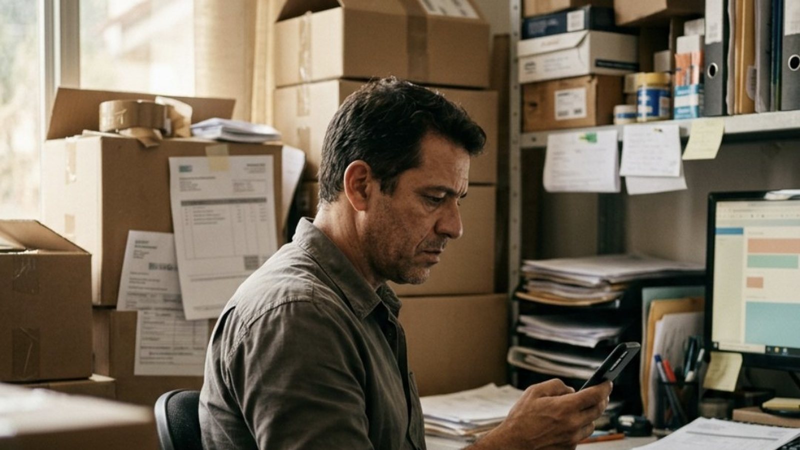 Dono de uma pequena empresa fornecedora, de uns quarenta anos, num escritório simples entre caixas de papelão e notas fiscais impressas, olhando o celular com a testa franzida de cautela