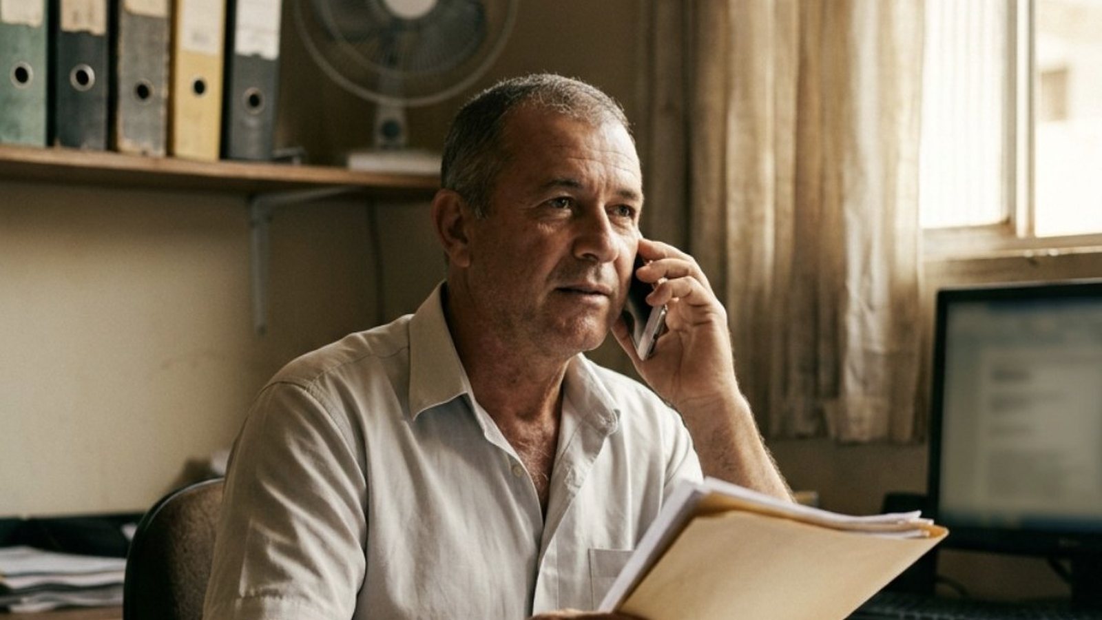 Empresário brasileiro de uns cinquenta e cinco anos, de camisa de manga curta, sentado à mesa do escritório da pequena empresa com o celular no ouvido e uma pasta de papéis na outra mão, com ventilador, estantes com pastas e uma janela com luz de fim de tarde ao fundo