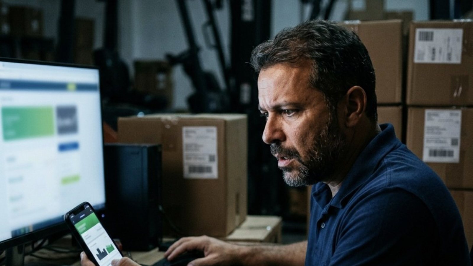 Homem de uns quarenta anos num escritório apertado de depósito, à noite, olhando o celular com expressão de espanto e a outra mão no mouse, com caixas de papelão empilhadas e uma empilhadeira desfocada ao fundo
