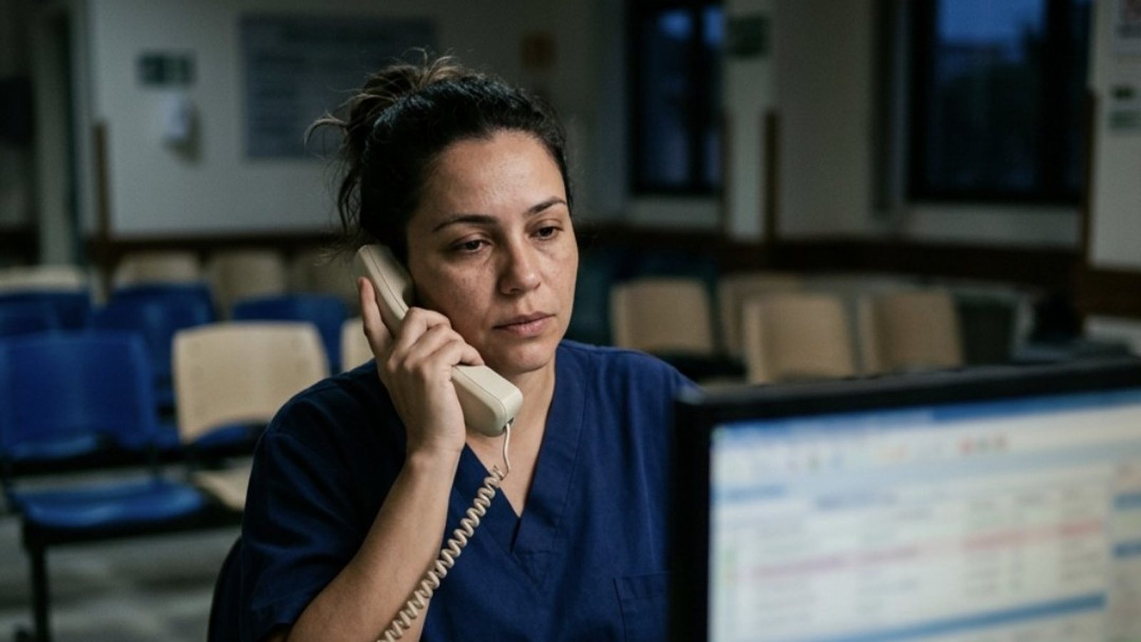 Recepcionista de uns trinta anos, de uniforme simples, sentada ao balcão de um hospital de cidade pequena ao anoitecer, com o telefone fixo no ouvido e os olhos no monitor, e um celular sobre a mesa emitindo um brilho verde