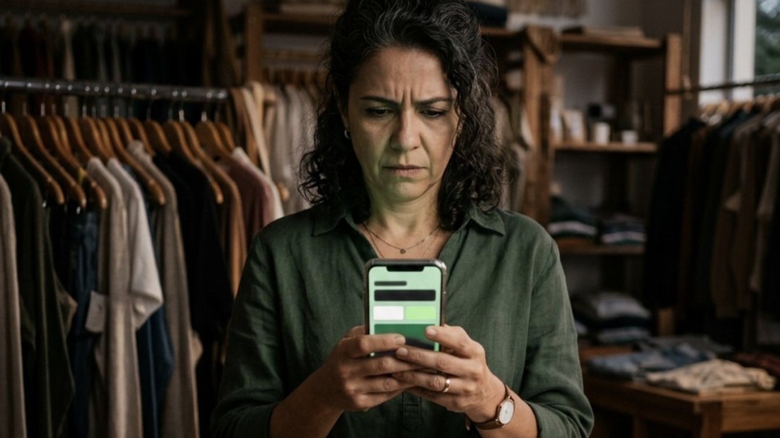 Mulher de uns quarenta anos atrás do balcão de uma pequena loja de roupas, no fim da tarde, segurando o celular com as duas mãos e franzindo a testa para a tela, com uma arara de roupas e uma maquininha de cartão ao lado