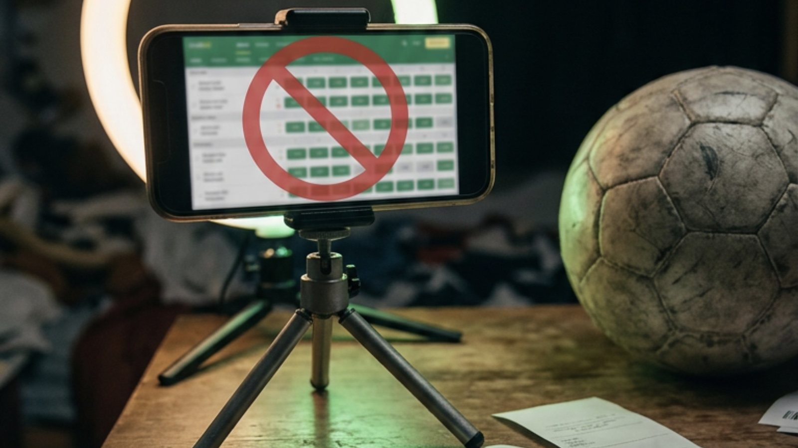 Celular num pequeno tripé diante de um anel de luz, ao lado de uma bola de futebol gasta, com uma grade verde de odds apagada em cinza atrás de um círculo vermelho de proibição, num quarto de criador de conteúdo à noite