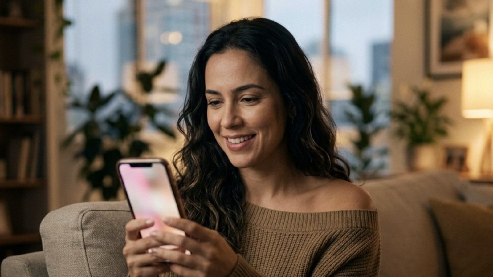 Mulher de uns trinta anos sentada no sofá de uma sala iluminada à noite, segurando o celular perto do rosto com um meio sorriso animado, com um frasco de cosmético e uma necessaire ao lado