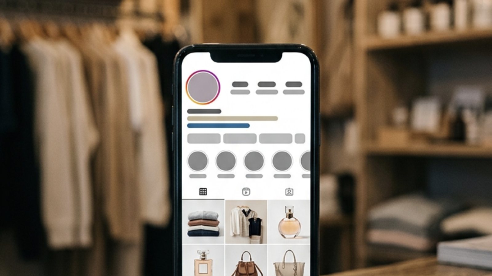 Celular em pé no balcão de uma loja de roupas mostrando um perfil comercial de rede social, com foto de perfil em anel colorido e grade de produtos como roupas dobradas, perfumes e bolsas, com araras e prateleiras desfocadas ao fundo